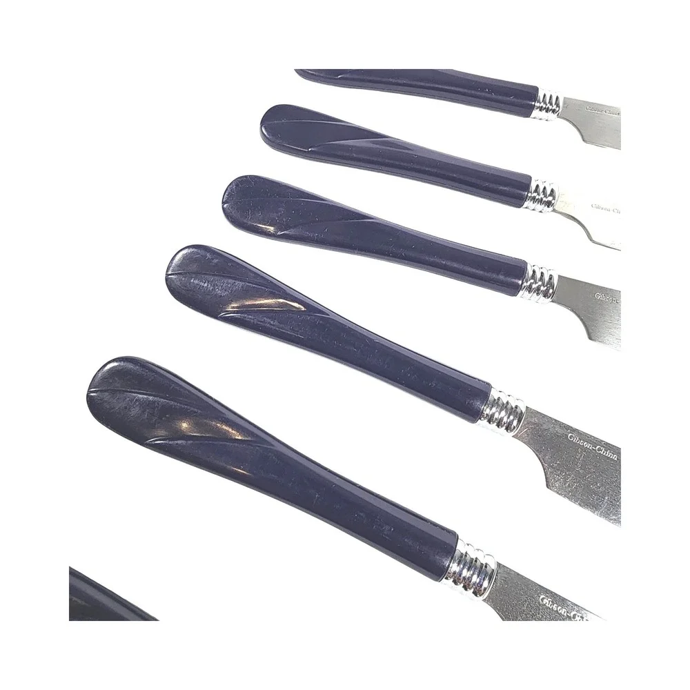 Gibson China Dinner Knives Set of 6 Navy‎ Blue Swirl Handle Serrated
